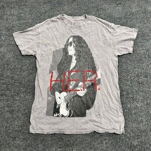 H.E.R. Graphic T-Shirt Womens Size S Grey Acid Wash Rhinestone Music Merch Tee